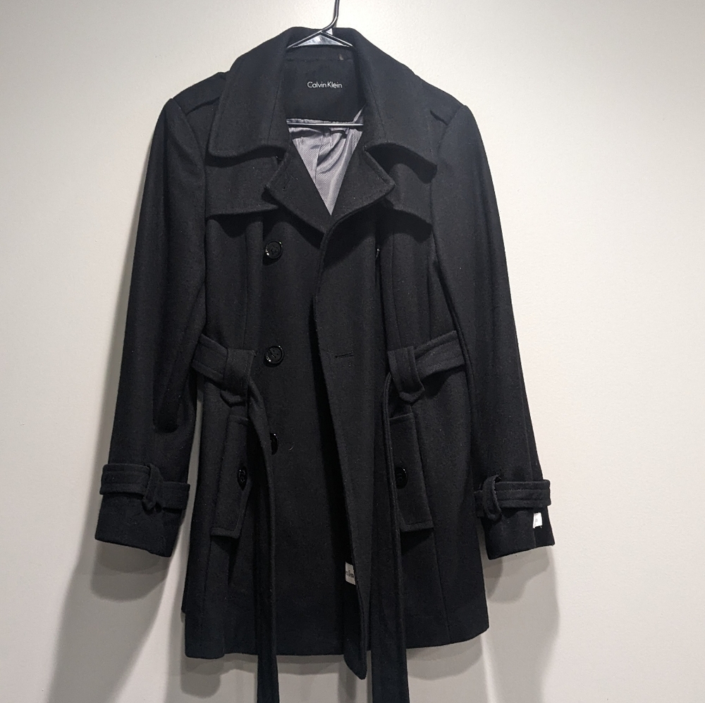 Black Calvin Klein Women's double-breasted belted peacoat. Size XL.